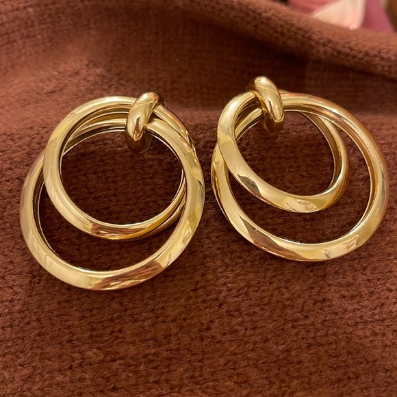 Round Drop Gold Hoop Earrings - Picture 1 of 5